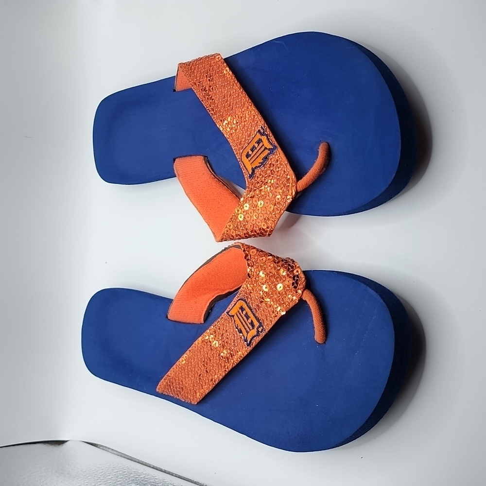 Detroit Tigers orange & blue flip flops approximately size 10